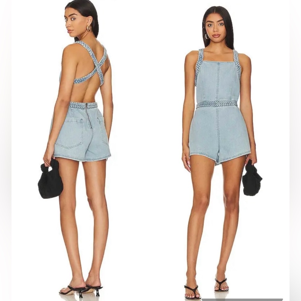 Free People Revolve Karina Denim Shorts Open Back Romper Size Large